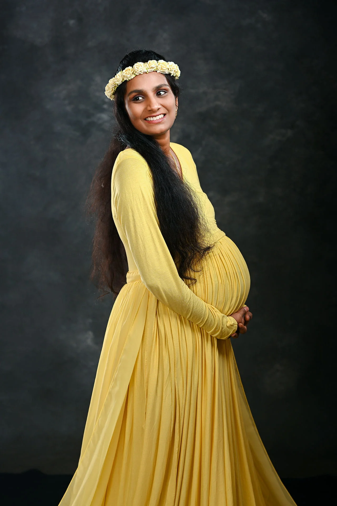 maternity gown in yellow